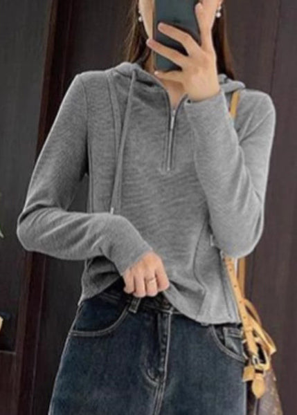 Shirt Cotton Grey Spring Zippered T Women Hooded FashionChic