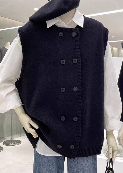 Women Grey O Neck Double Breast Patchwork Knit Vest Sleeveless WN033 ABC