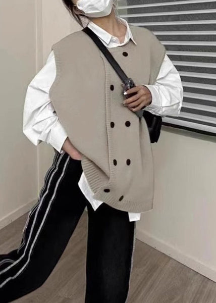 Women Grey O Neck Double Breast Patchwork Knit Vest Sleeveless WN033 ABC