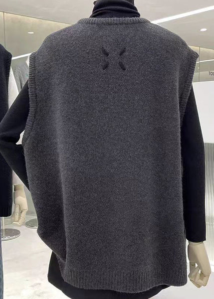 Women Grey O Neck Double Breast Patchwork Knit Vest Sleeveless WN033 ABC