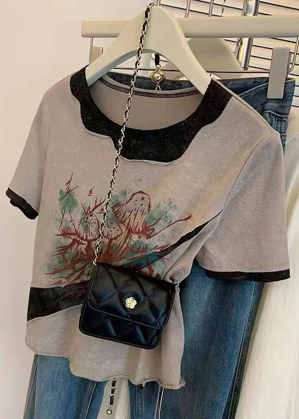 Women Grey O Neck Print Patchwork Cotton T Shirts Summer OP1027 Ada Fashion