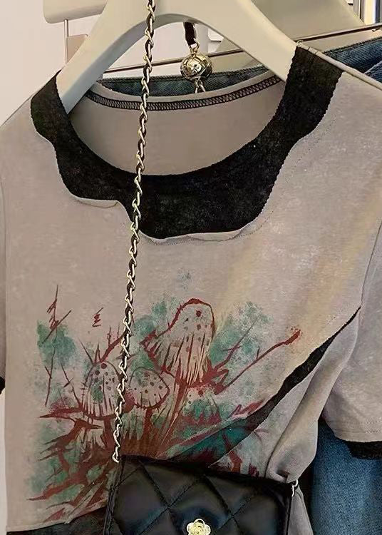 Women Grey O Neck Print Patchwork Cotton T Shirts Summer OP1027 Ada Fashion