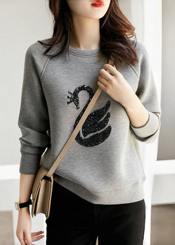 Women Sweatshirt Neck O Sequins Spring Grey Cotton FashionChic