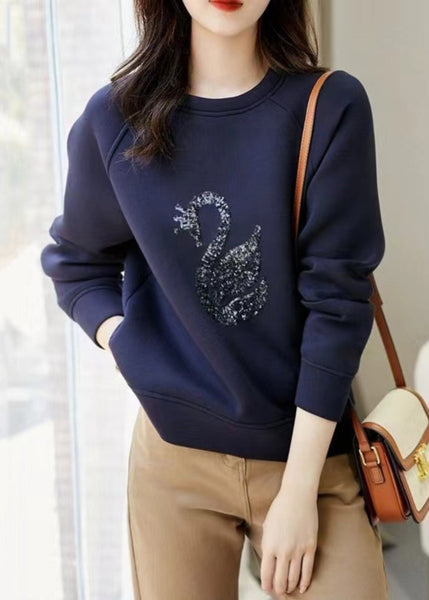 Women Sweatshirt Neck O Sequins Spring Grey Cotton FashionChic