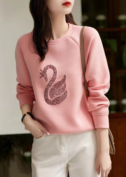 Women Sweatshirt Neck O Sequins Spring Grey Cotton FashionChic