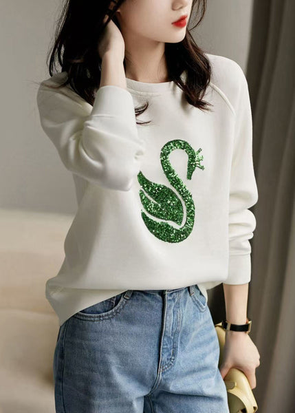 Women Sweatshirt Neck O Sequins Spring Grey Cotton FashionChic