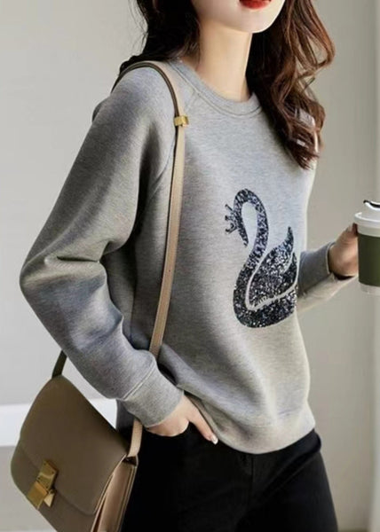 Women Sweatshirt Neck O Sequins Spring Grey Cotton FashionChic