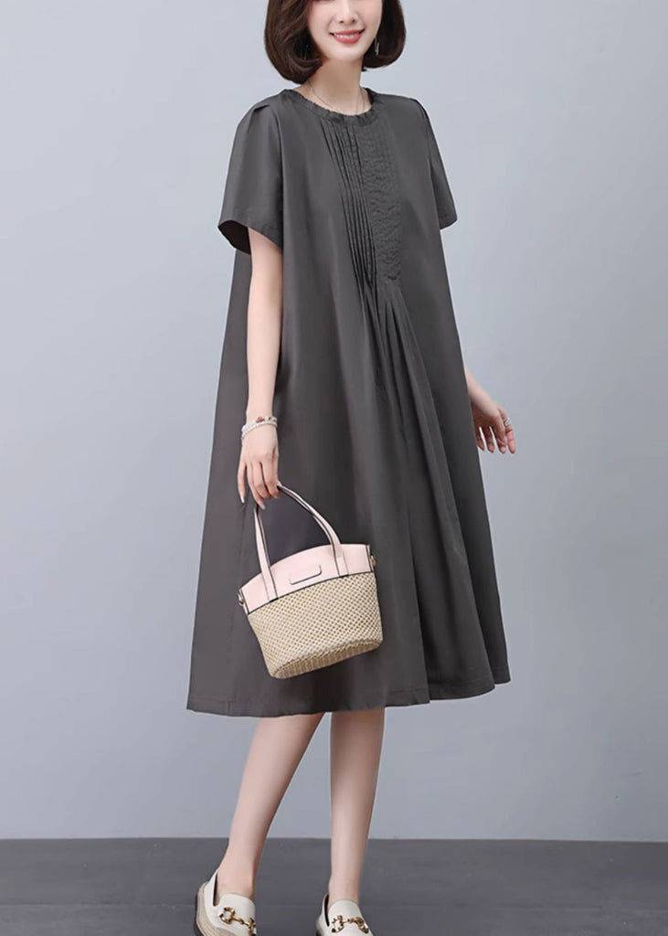 Women Grey O-Neck Solid Cotton Dresses Summer MN041 MMDM-SDL240704