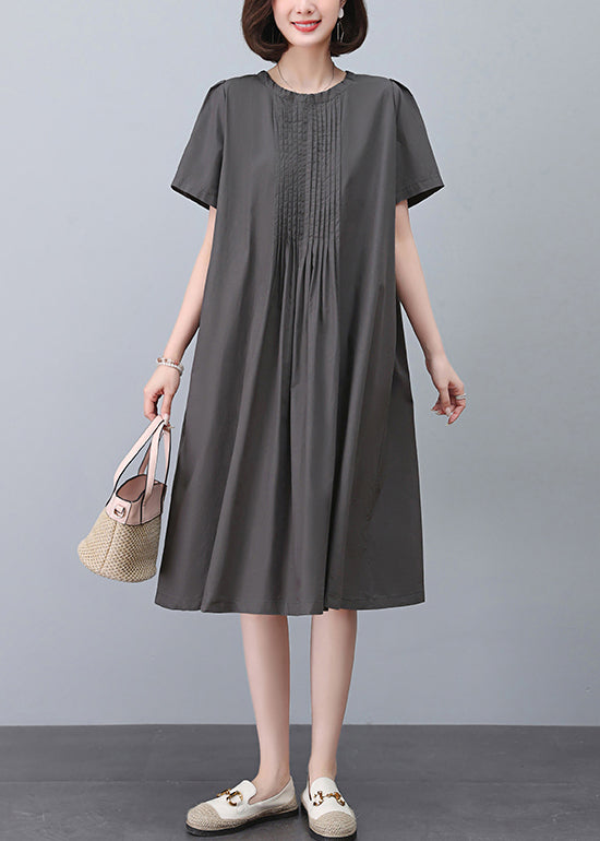 Women Grey O-Neck Solid Cotton Dresses Summer MN041 MMDM-SDL240704