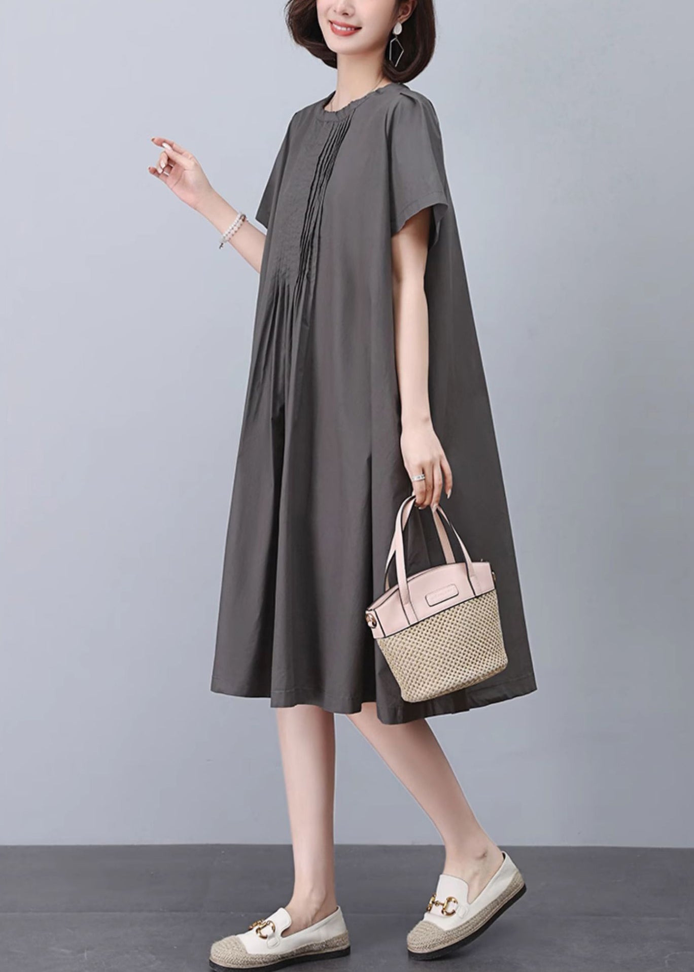 Women Grey O-Neck Solid Cotton Dresses Summer MN041 MMDM-SDL240704