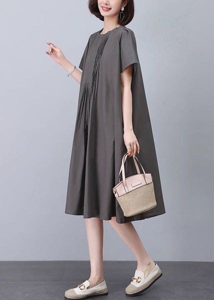 Women Grey O-Neck Solid Cotton Dresses Summer MN041 MMDM-SDL240704