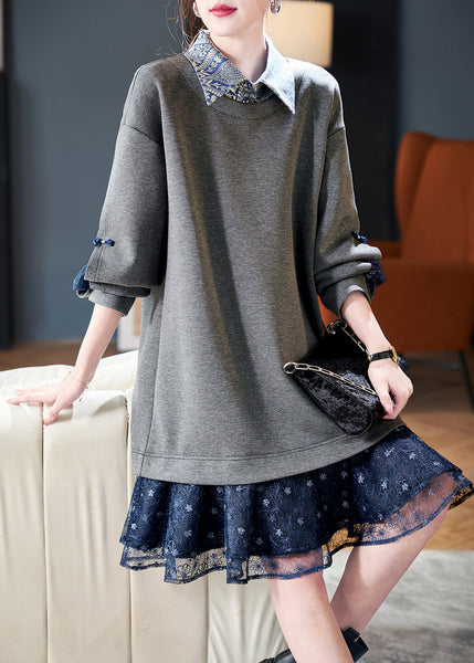 Women Grey Peter Pan Collar Patchwork False Two Pieces Cotton Dress Spring RL022 ABC
