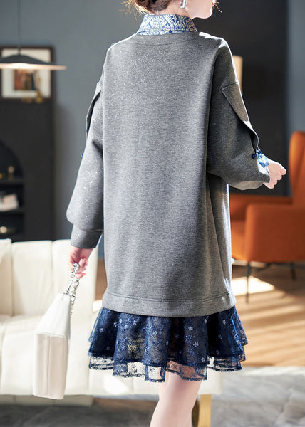 Women Grey Peter Pan Collar Patchwork False Two Pieces Cotton Dress Spring RL022 ABC