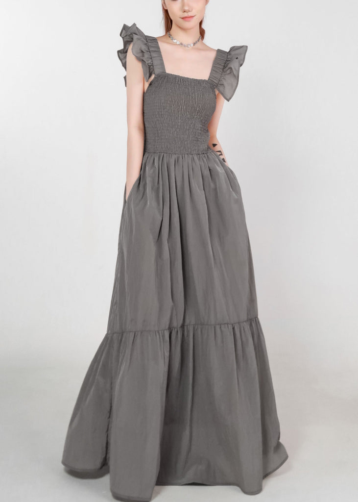 Women Grey Pockets High Waist Cotton Long Dress Summer ZL074 SH-LF-SDL240621