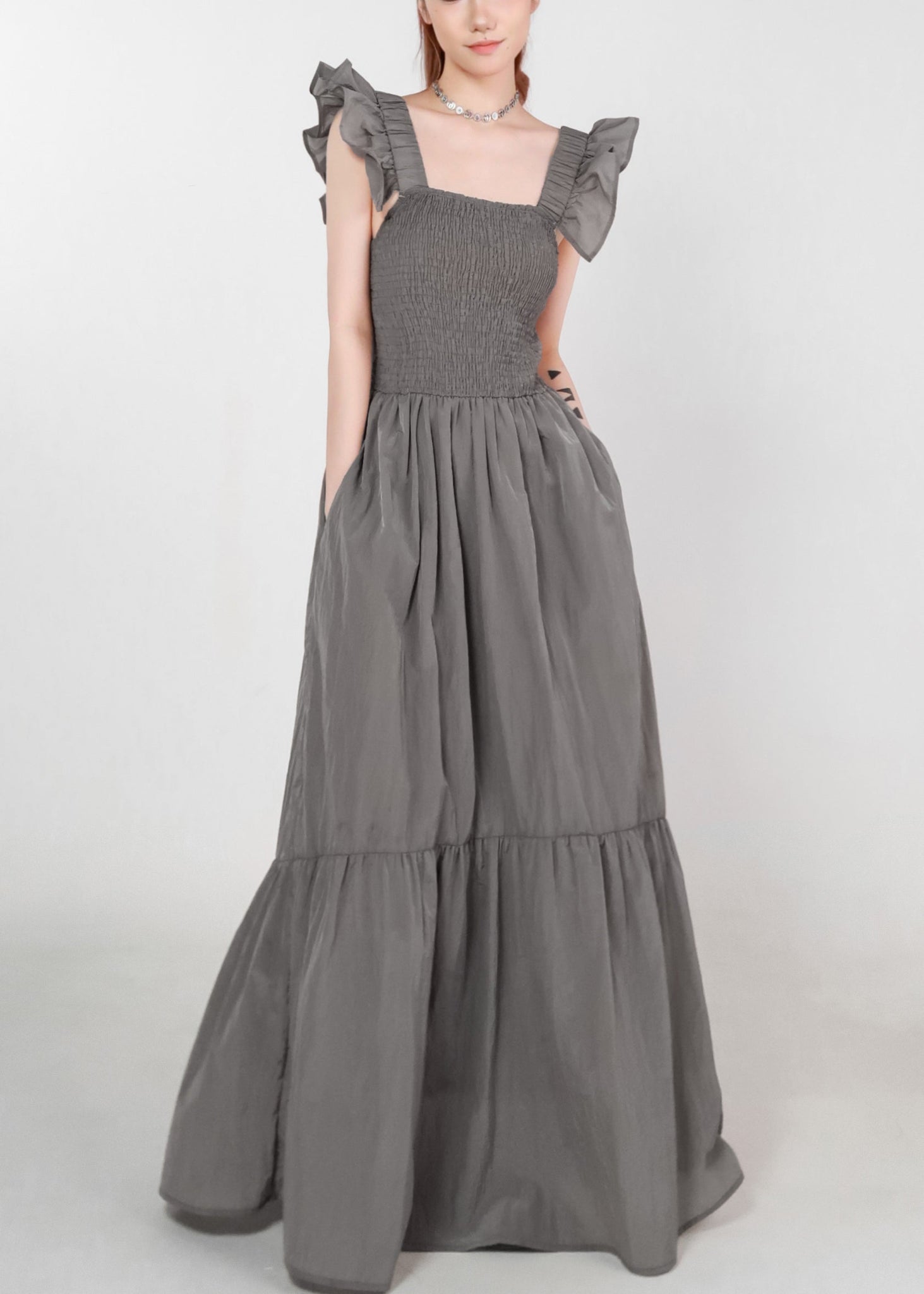 Women Grey Pockets High Waist Cotton Long Dress Summer ZL074 SH-LF-SDL240621