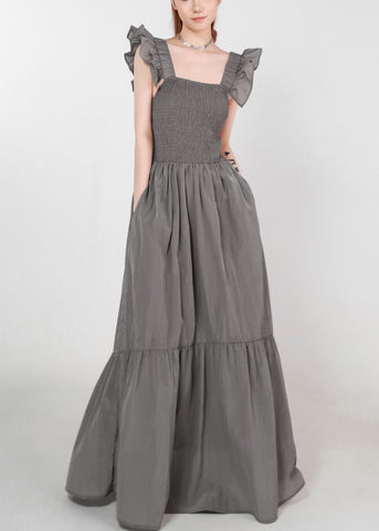 Women Grey Pockets High Waist Cotton Long Dress Summer ZL074 SH-LF-SDL240621