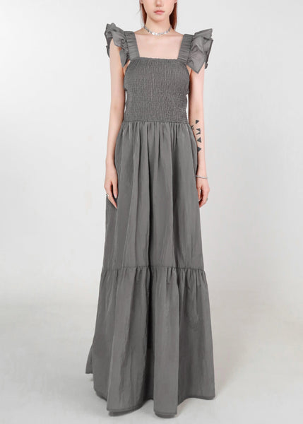 Women Grey Pockets High Waist Cotton Long Dress Summer ZL074 SH-LF-SDL240621
