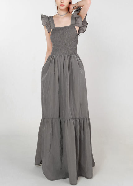 Women Grey Pockets High Waist Cotton Long Dress Summer ZL074 SH-LF-SDL240621