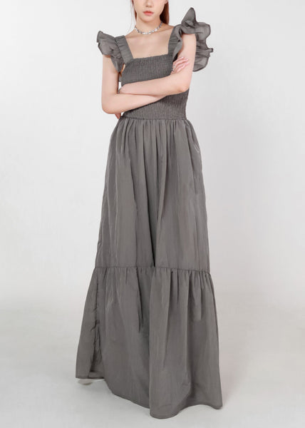 Women Grey Pockets High Waist Cotton Long Dress Summer ZL074 SH-LF-SDL240621