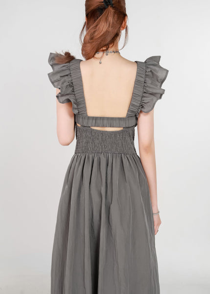 Women Grey Pockets High Waist Cotton Long Dress Summer ZL074 SH-LF-SDL240621