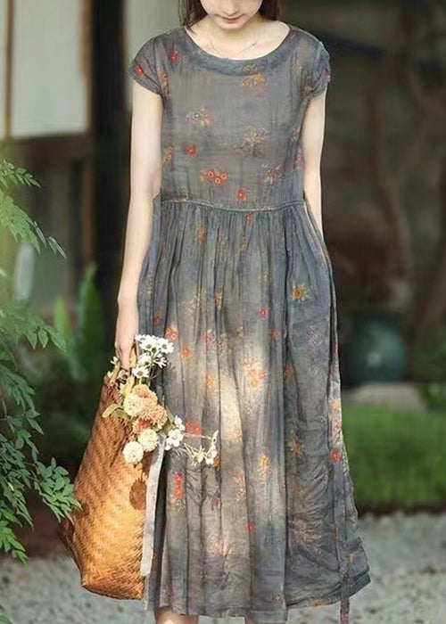 Women Grey Print Lace Up Pockets Linen Dresses Summer OP1059 Ada Fashion