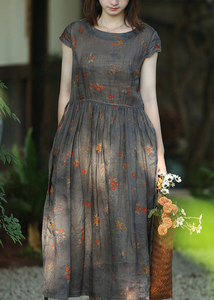 Women Grey Print Lace Up Pockets Linen Dresses Summer OP1059 Ada Fashion