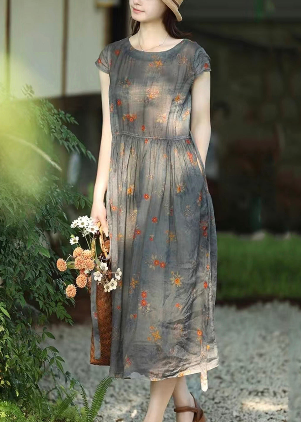 Women Grey Print Lace Up Pockets Linen Dresses Summer OP1059 Ada Fashion