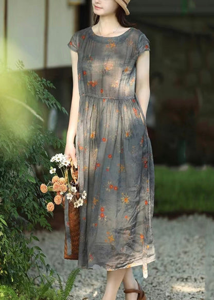 Women Grey Print Lace Up Pockets Linen Dresses Summer OP1059 Ada Fashion