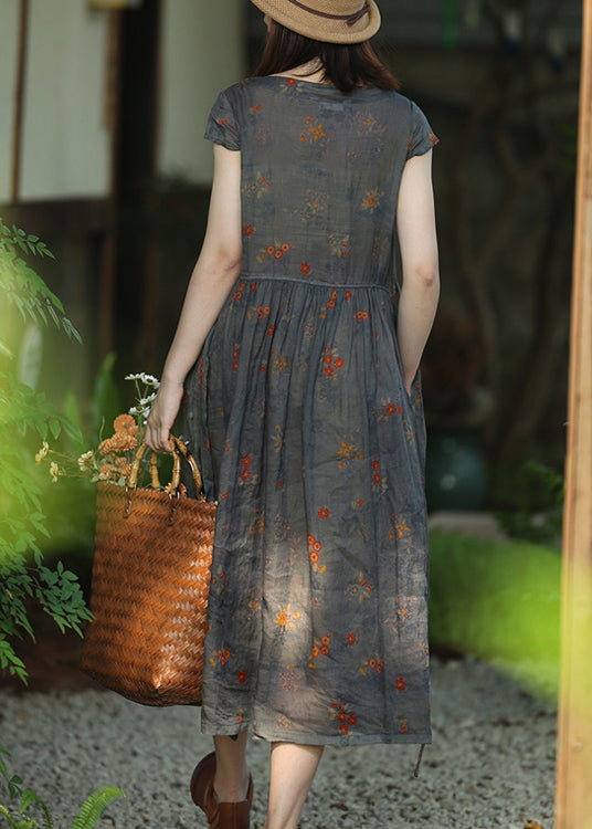 Women Grey Print Lace Up Pockets Linen Dresses Summer OP1059 Ada Fashion