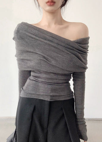 Top Neck Grey Slash Solid Wrinkled Women Spring Knit FashionChic