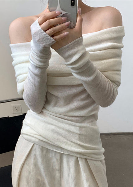 Top Neck Grey Slash Solid Wrinkled Women Spring Knit FashionChic