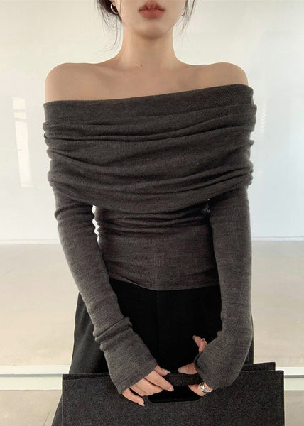 Top Neck Grey Slash Solid Wrinkled Women Spring Knit FashionChic