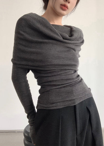 Top Neck Grey Slash Solid Wrinkled Women Spring Knit FashionChic