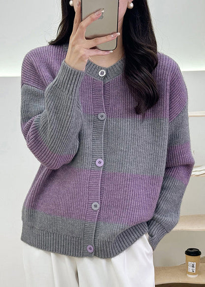 Women Grey Striped Button Knit Cardigan Fall QG013 OM-SW241015