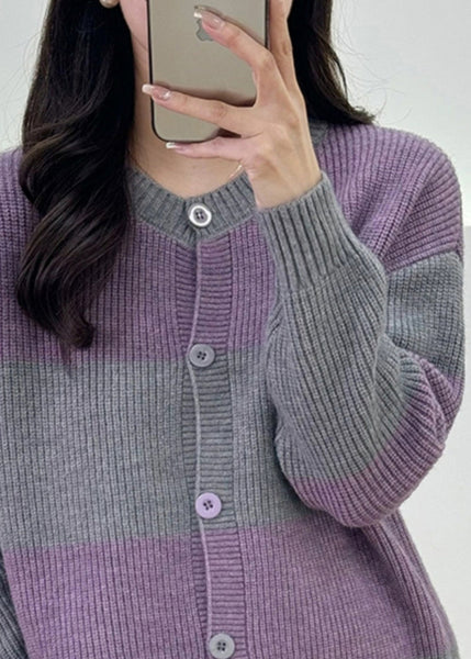Women Grey Striped Button Knit Cardigan Fall QG013 OM-SW241015
