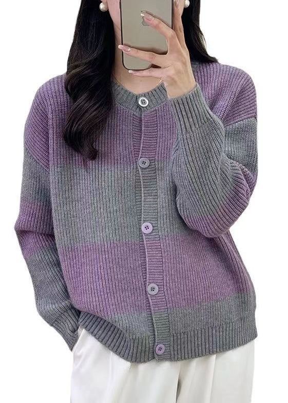 Women Grey Striped Button Knit Cardigan Fall QG013 OM-SW241015