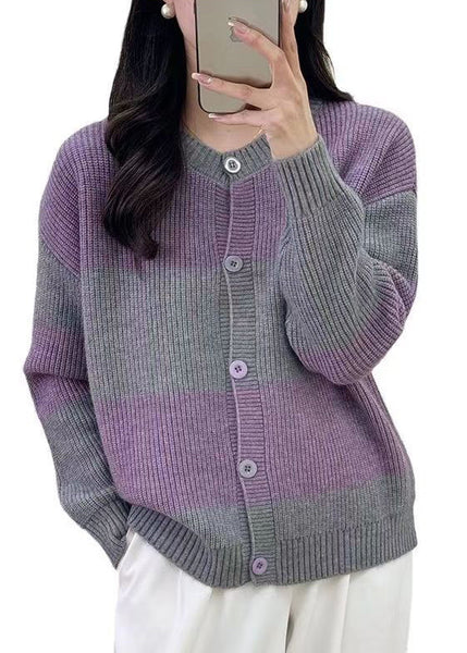 Women Grey Striped Button Knit Cardigan Fall QG013 OM-SW241015