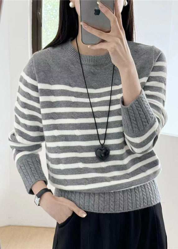 Women Grey Striped Cozy Knit Sweaters Fall QG016 OM-SW241015