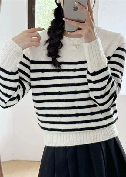 Women Grey Striped Cozy Knit Sweaters Fall QG016 OM-SW241015