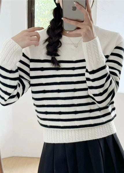 Women Grey Striped Cozy Knit Sweaters Fall QG016 OM-SW241015