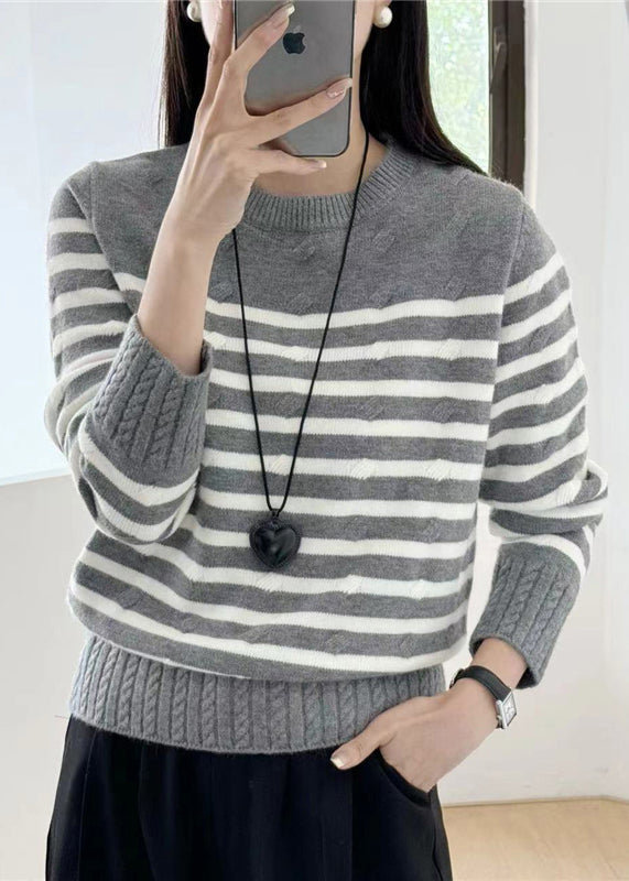 Women Grey Striped Cozy Knit Sweaters Fall QG016 OM-SW241015