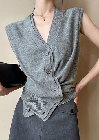 Neck Button Sleeveless Solid Vest Grey V Women Knit FashionChic
