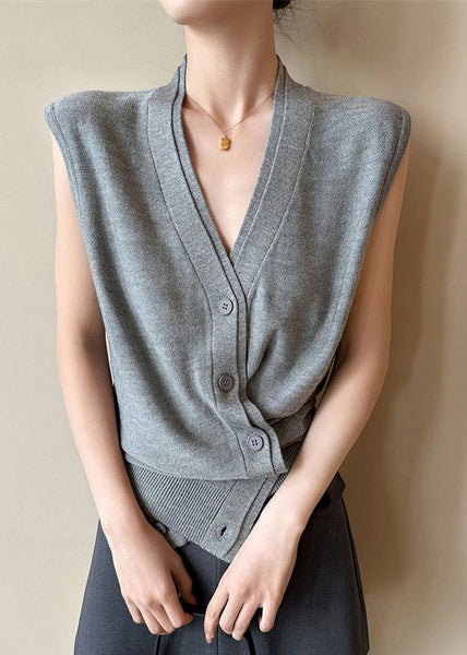 Neck Button Sleeveless Solid Vest Grey V Women Knit FashionChic