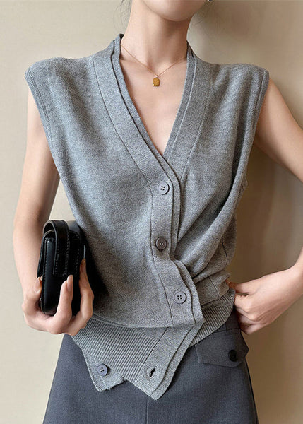 Neck Button Sleeveless Solid Vest Grey V Women Knit FashionChic