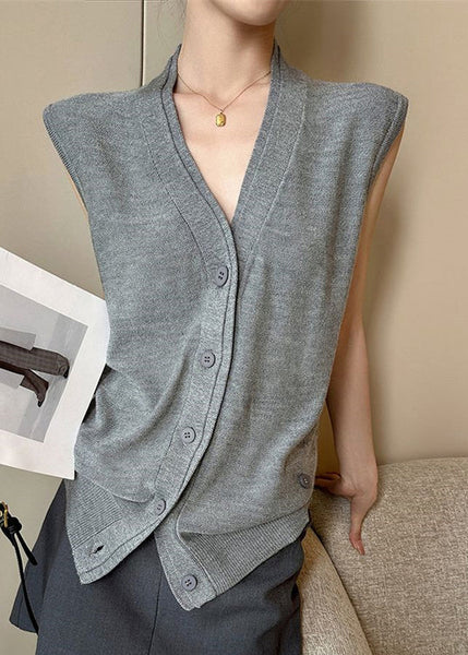 Neck Button Sleeveless Solid Vest Grey V Women Knit FashionChic
