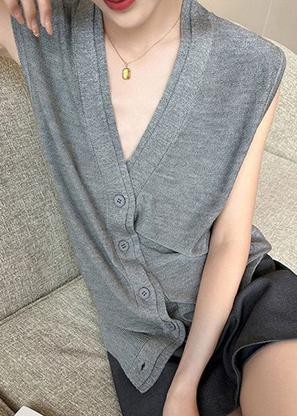 Neck Button Sleeveless Solid Vest Grey V Women Knit FashionChic