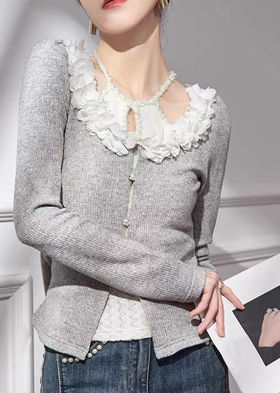 Women Grey V Neck Floral Cotton Knit Cardigans Fall QA005 HS-NCT241011