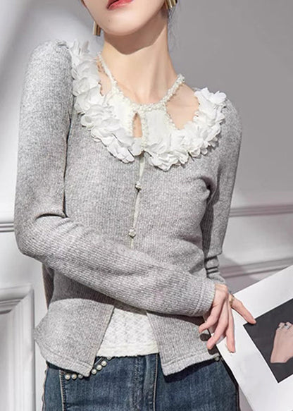 Women Grey V Neck Floral Cotton Knit Cardigans Fall QA005 HS-NCT241011