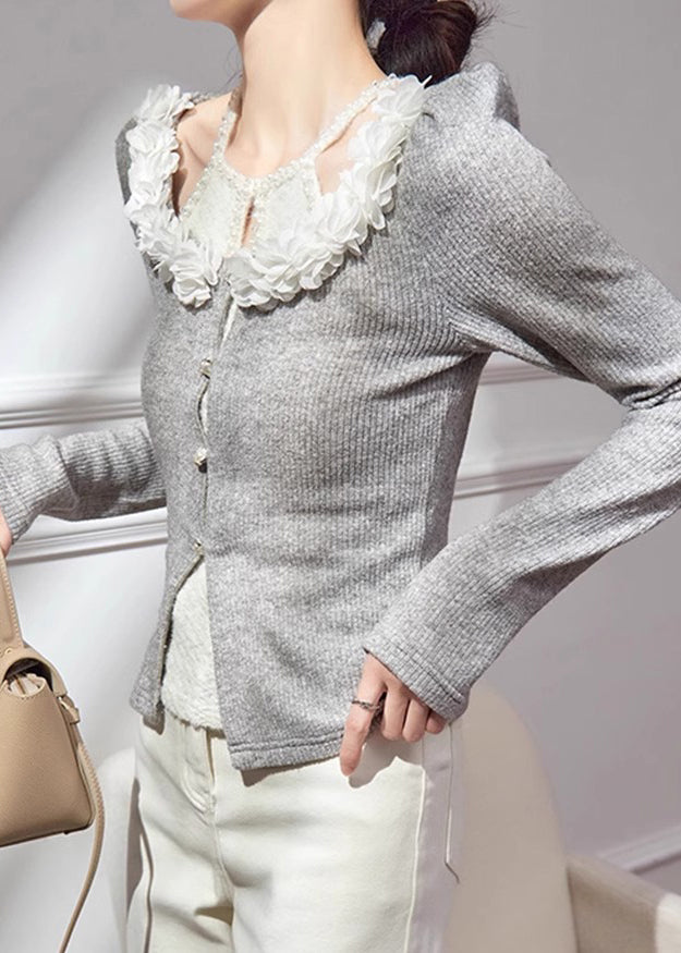Women Grey V Neck Floral Cotton Knit Cardigans Fall QA005 HS-NCT241011