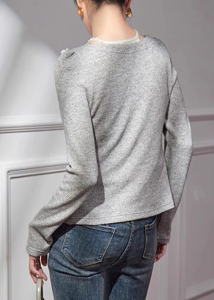 Women Grey V Neck Floral Cotton Knit Cardigans Fall QA005 HS-NCT241011